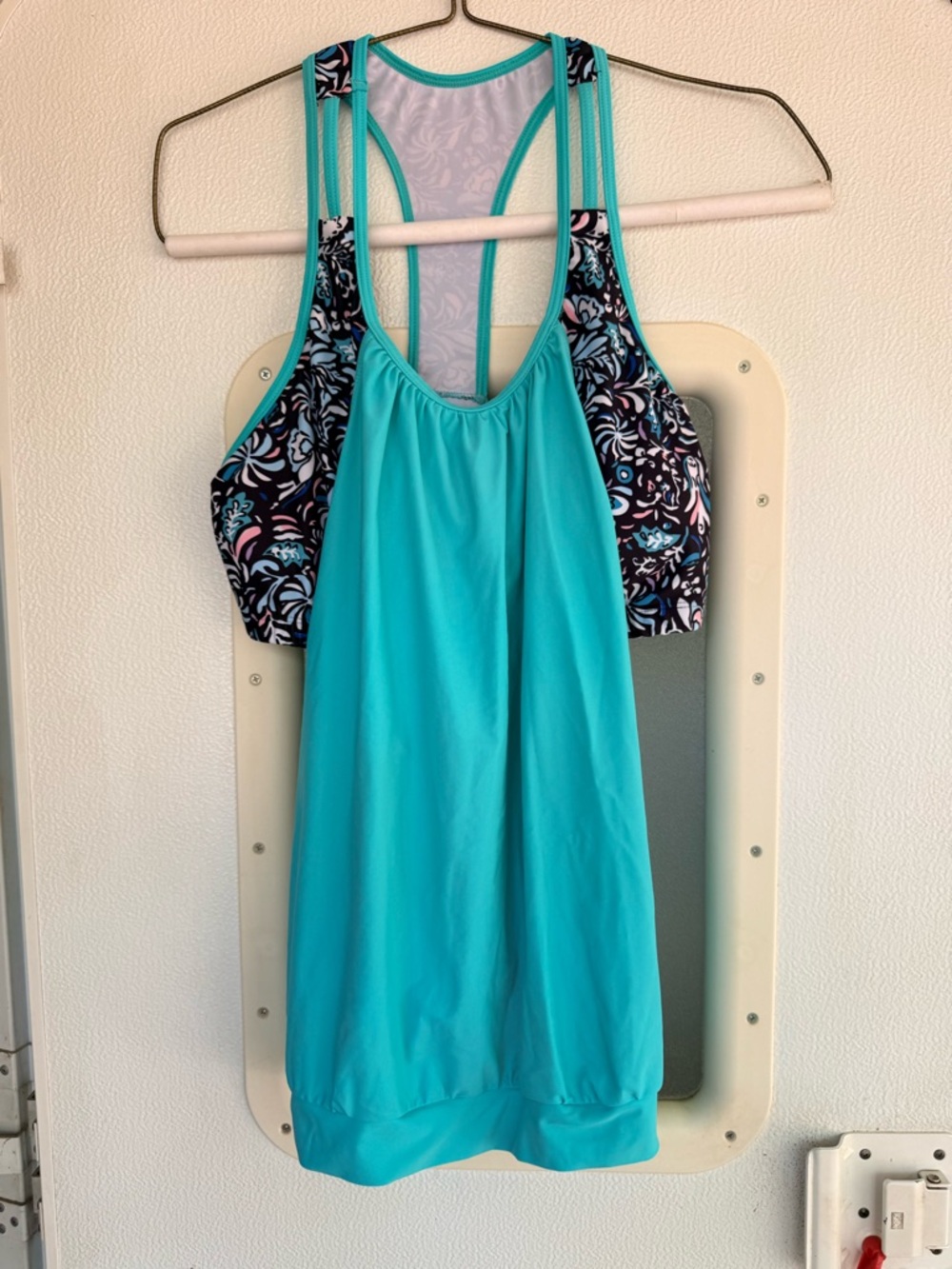 Turquoise Racerback Swim Tank with Patterned Navy Side Panels